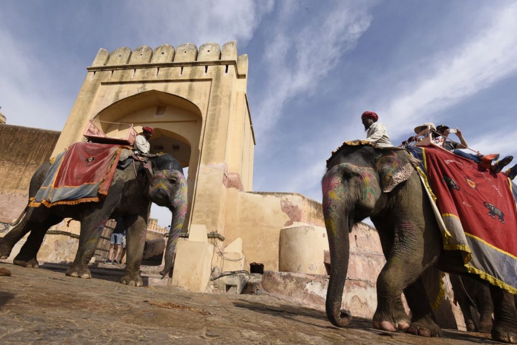 Elephants climb the last stretch to carry tourists to Amber Fort. The gate on the right leads into a large courtyard where the tourists dismount. (Richard McGuire photo)