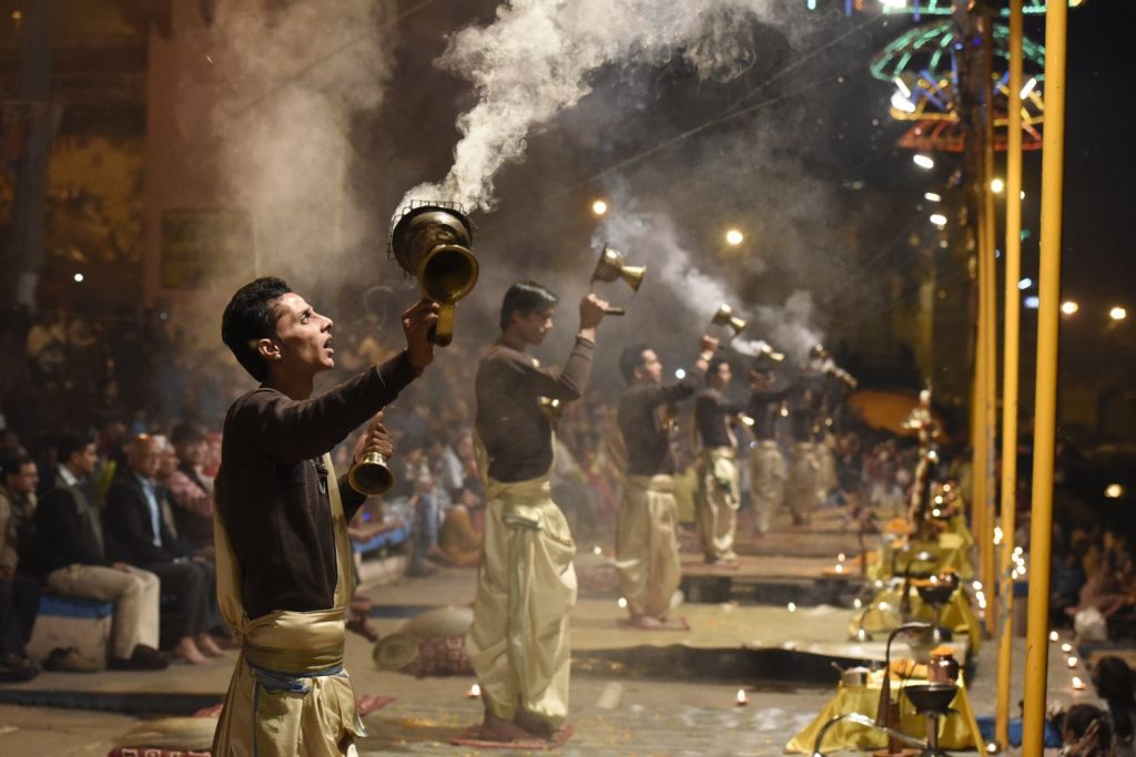 Priests perform rituals with incense, fire and holy Ganges water to honour the sacred river as dusk descends on Varanasi. (Richard McGuire photo)