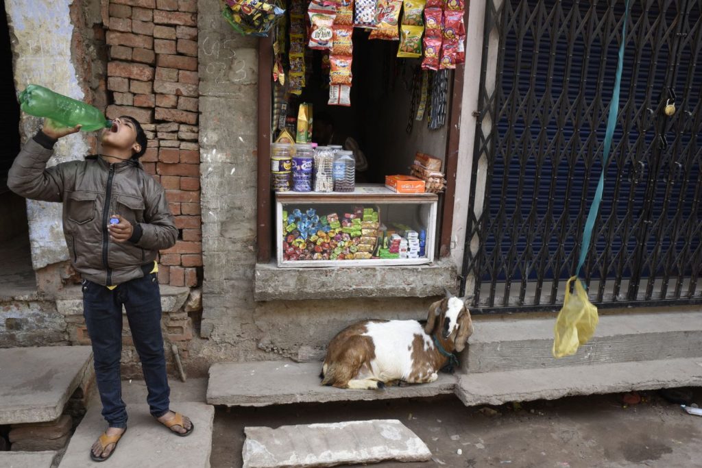 A boy guzzles a reused bottle of water while a goat waits for service at a small shop. Someone on an upper storey has lowered a bag on a rope to have an item sent up to him. A typical Varanasi street scene. (Richard McGuire photo)