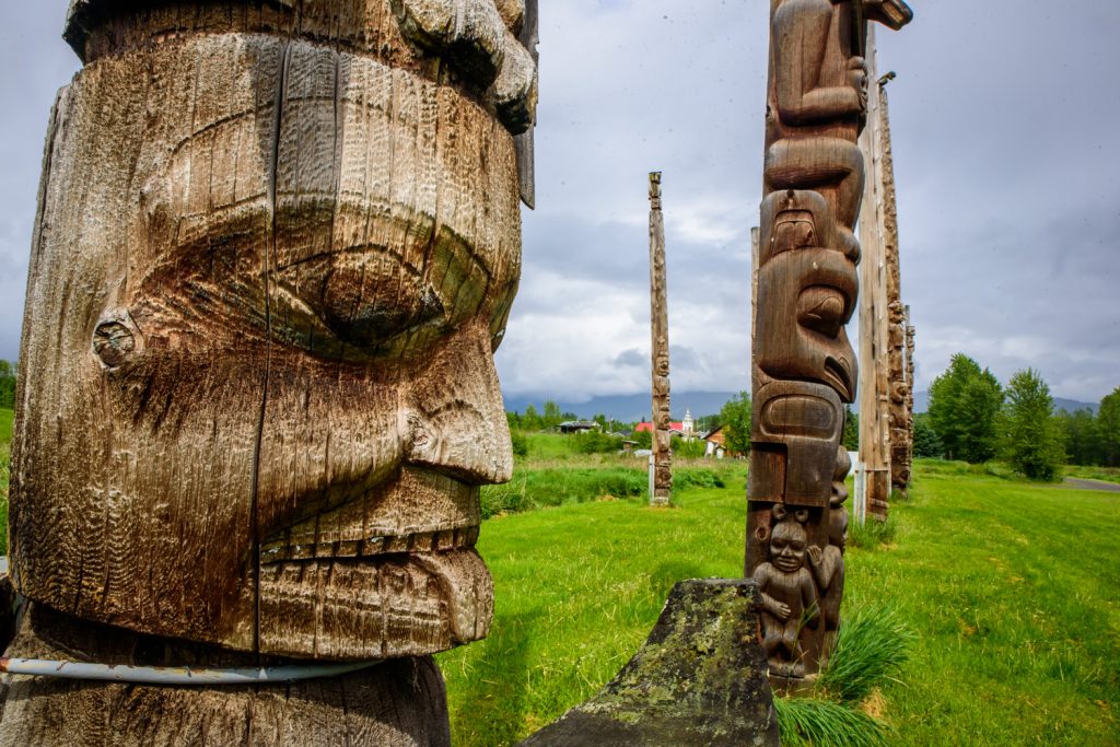 The First Nations community of Kispiox north of Hazelton, B.C. has a group of quite old totem poles. Many have had to be reinforced to keep them standing. (Richard McGuire photo)