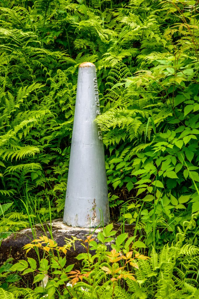 A sign welcoming you to B.C., a border marker and a long line cleared of vegetation every 10 years are the only indications you have crossed an international border north of Hyder, Alaska on the way to Salmon Glacier in British Columbia. (Richard McGuire photo)