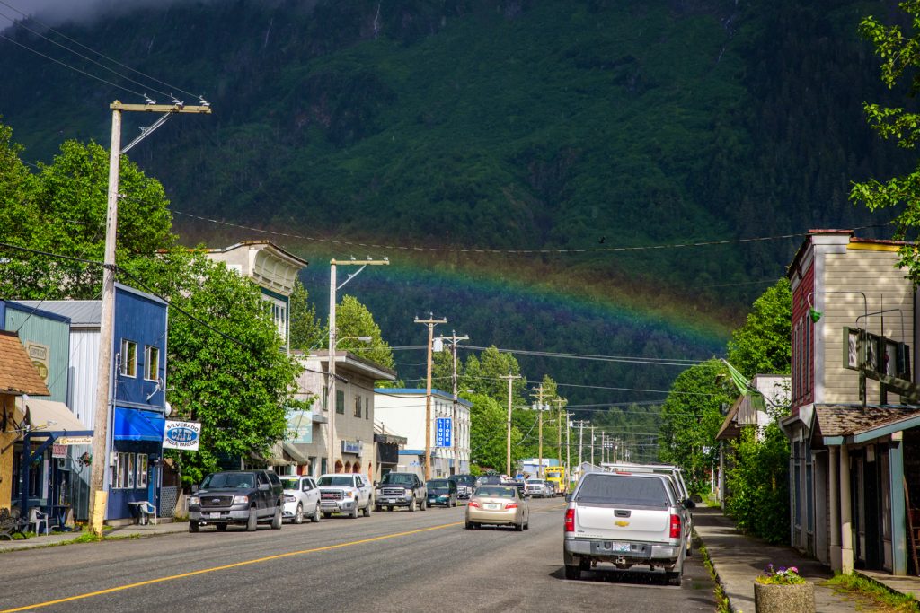 When I got back to Stewart, B.C. after a visit to Hyder, Alaska, the sun emerged, but it continued to pour rain. A rainbow was visible over Steward off and on for over an hour. (Richard McGuire photo)