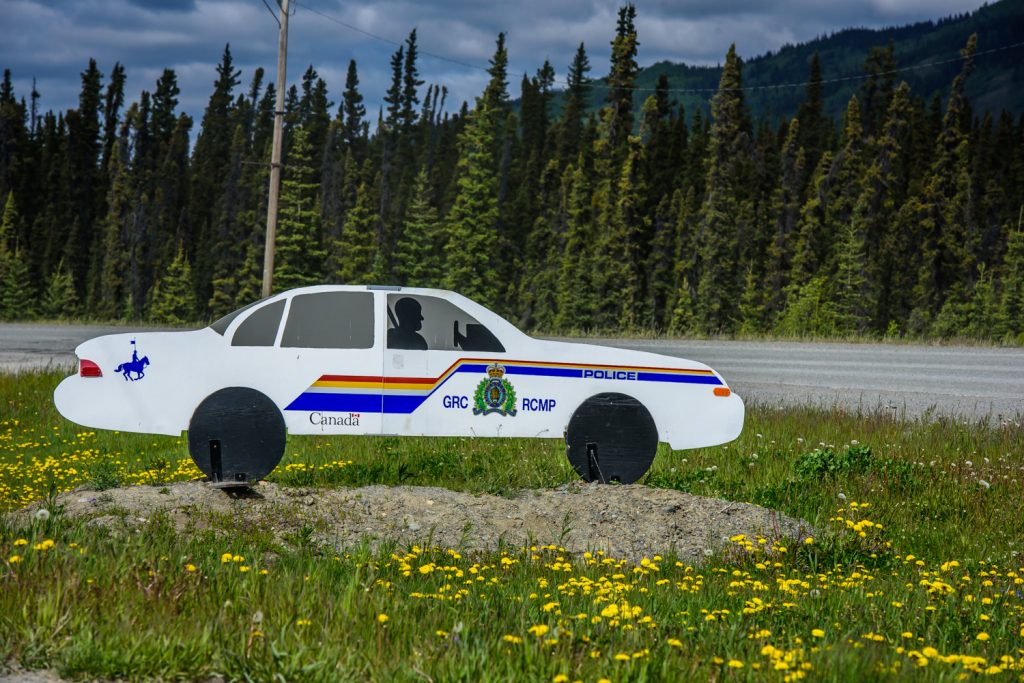 It's easy to lose track of your speed if you don't keep looking at your spedometer on the open roads of the Yukon. This cutout of an RCMP cruiser looks like the real thing from the distance and encourages people to slow down when passing through Teslin. (Richard McGuire photo)