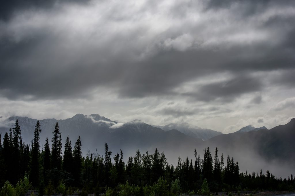 It was a rainy day when I drove to Haines Junction. That evening I went for a drive up to Destruction Bay on Kluane Lake, skirting Kluane National Park. The sun gradually emerged from the clouds, creating some dramatic weather. (Richard McGuire photo)