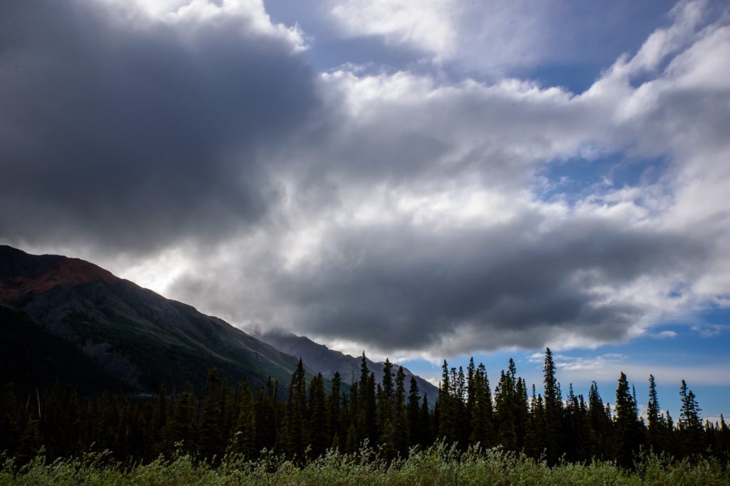 It was a rainy day when I drove to Haines Junction. That evening I went for a drive up to Destruction Bay on Kluane Lake, skirting Kluane National Park. The sun gradually emerged from the clouds, creating some dramatic weather. (Richard McGuire photo)