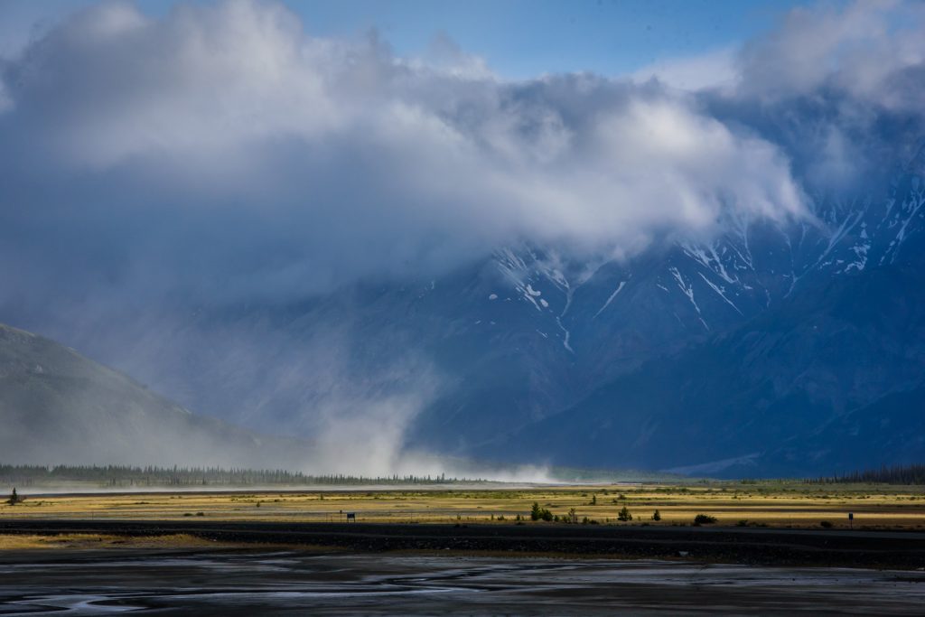 It was a rainy day when I drove to Haines Junction. That evening I went for a drive up to Destruction Bay on Kluane Lake, skirting Kluane National Park. The sun gradually emerged from the clouds, creating some dramatic weather. (Richard McGuire photo)