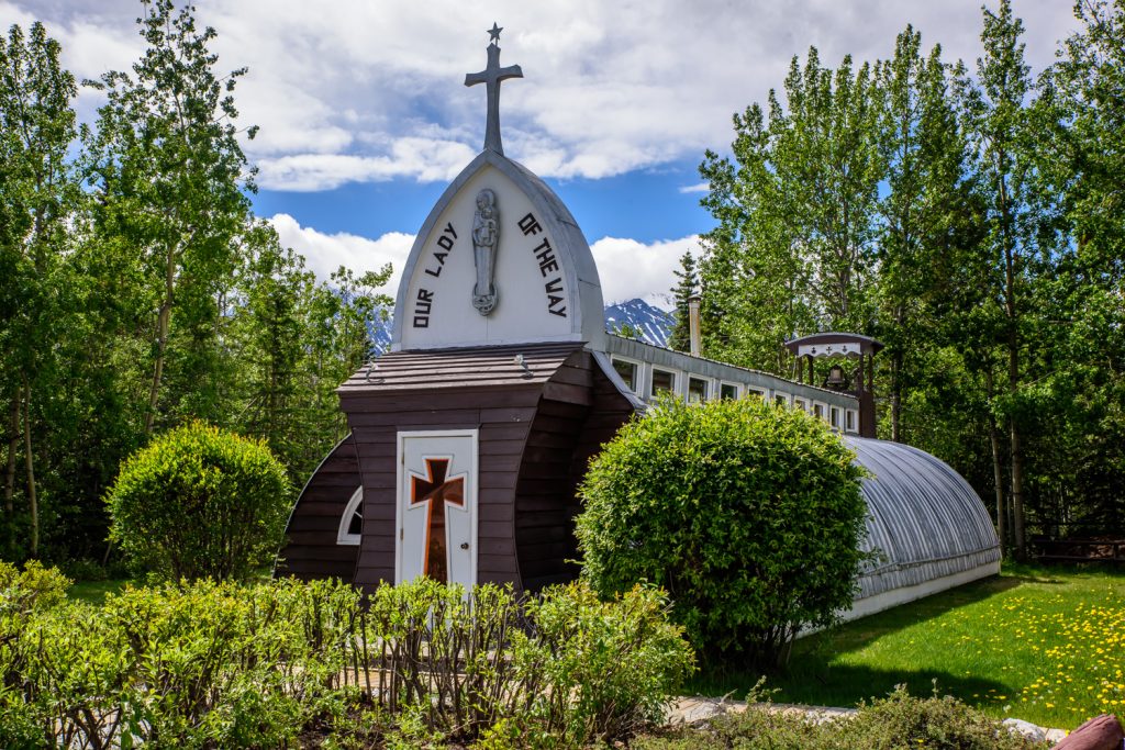 The small Catholic church Our Lady of the Way in Haines Junction was built in 1954 from a quonset hut. These were common from the period of the Alaska Highway construction. (Richard McGuire photo)