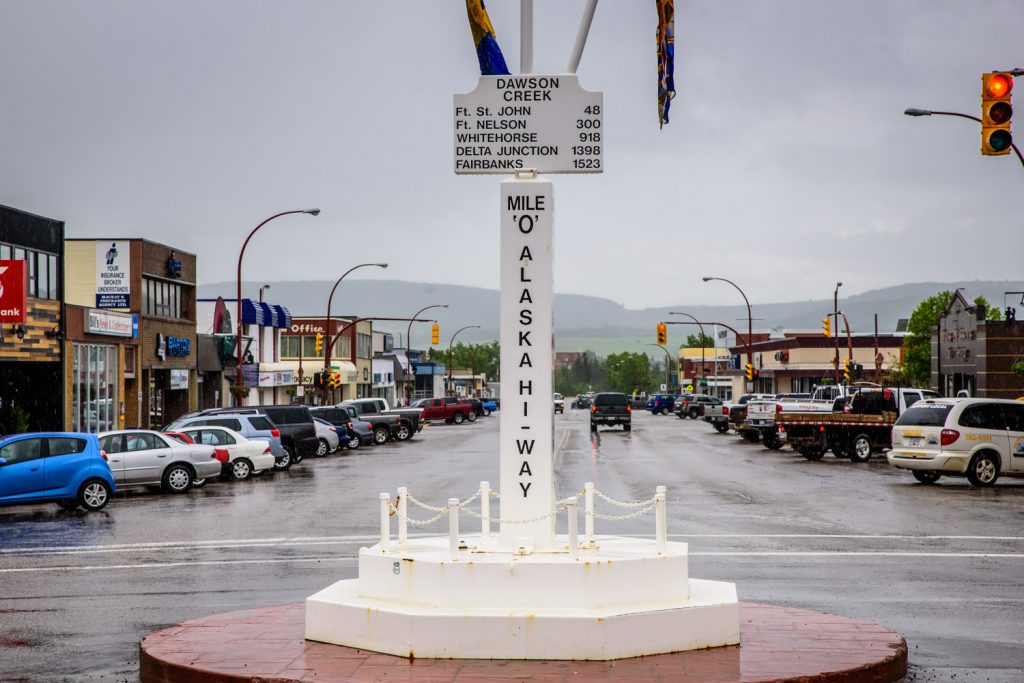This is the more photographed, unofficial start of the Alaska Highway, or Mile 0, in Dawson Creek, B.C. The official cairne is a couple blocks away. (Richard McGuire photo)