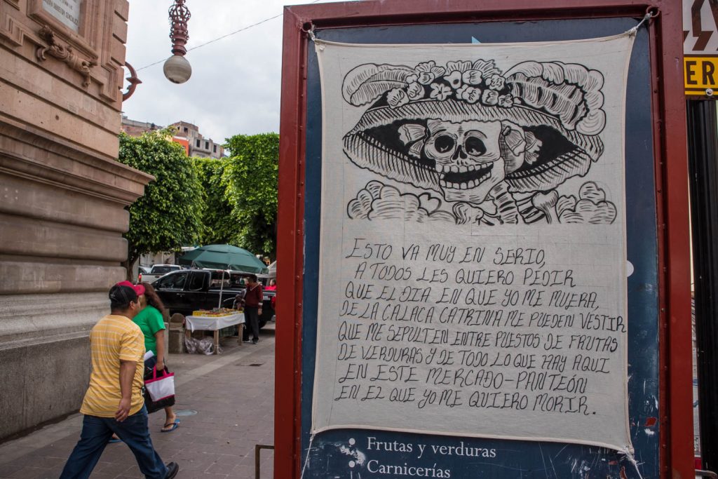An image of Catrinia, the skull with a fancy hat, greets visitors to Hidalgo Market in Guanajuato, Mexico. (Richard McGuire Photo)