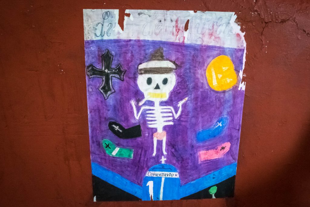 This children's art seen pasted to a wall features the omnipresent skeleton. (Richard McGuire photo)