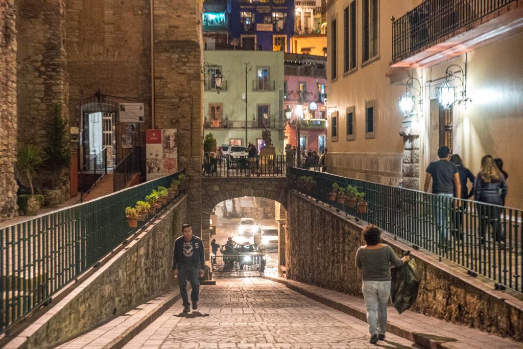 Traffic runs through a tunnel below the centre of Guanajuato. When I first arrived, I was dropped in the tunnel at the bottom of this ramp. My hotel is the building on the right. (Richard McGuire Photo)