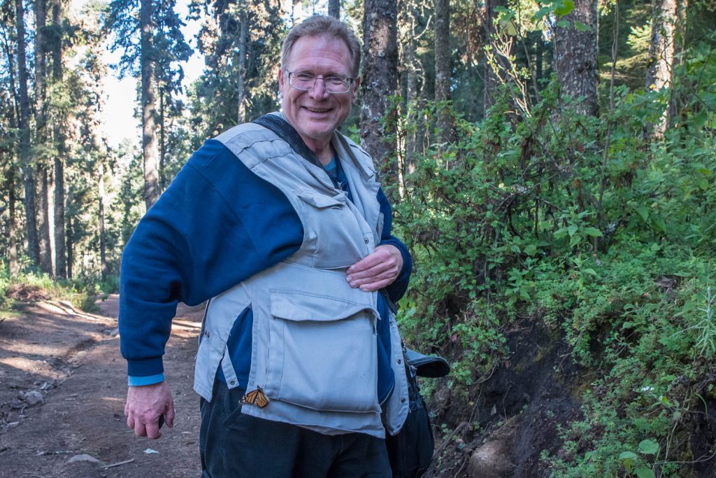 A female monarch butterfly clung to the side of my vest for quite some time and didn't want to let go. I finally knocked her off so I wouldn't damage her when we resumed walking.