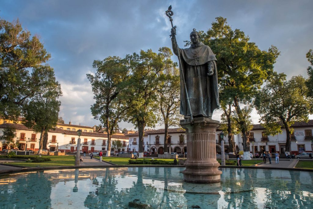 Bishop Vasco de Quiroga is commemorated with Patzcuaro's main square named after him and a statue in his honour. He was appointed in the early 1500s after a period of particularly horrible Spanish atrocities against the indegenous people, and he showed compassion, helping the people to regain self sufficiency. (Richard McGuire Photo)
