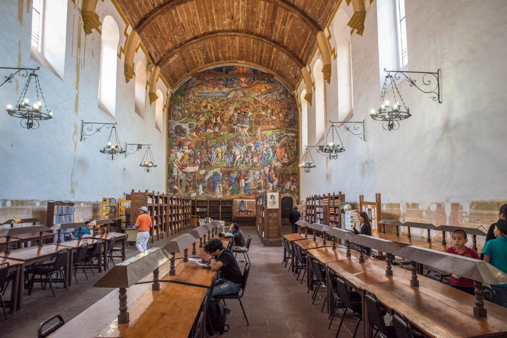 The public library in Patzcuaro is in an old church on Plaza Chica. On the wall at the back is a mural by Juan O'Gorman depicting the history of Michoacan. (Richard McGuire Photo)