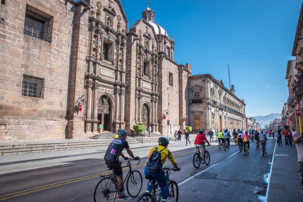 On Sundays the main downtown street in Morelia, Avenida Madero, is closed to motorized traffic and the street is flled with cyclists and people on rollerblades. (Richard McGuire Photo)