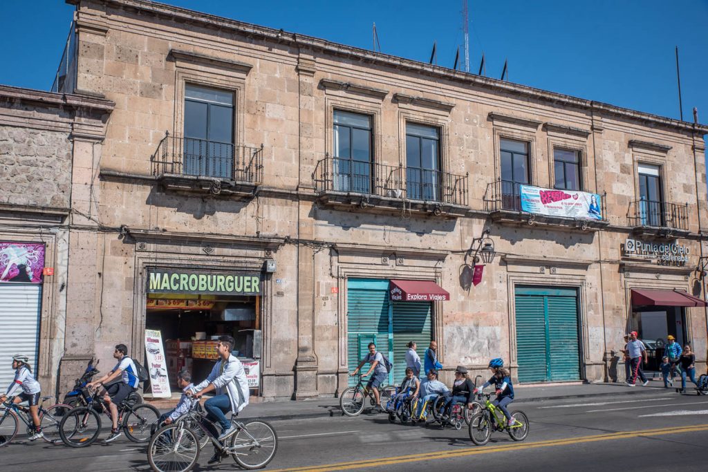 On Sundays the main downtown street in Morelia, Avenida Madero, is closed to motorized traffic and the street is flled with cyclists and people on rollerblades. (Richard McGuire Photo)