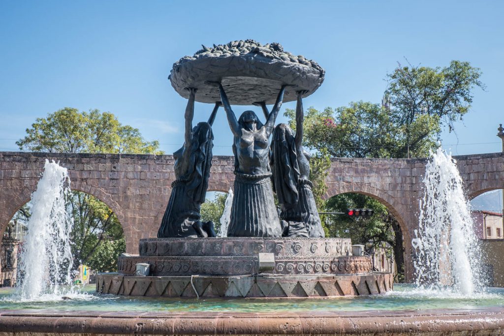 In Morelos' Plaza Villalognin, there's a fountain of a fruit tray held aloft by three topless Tarascan women. (Richard McGuire Photo)